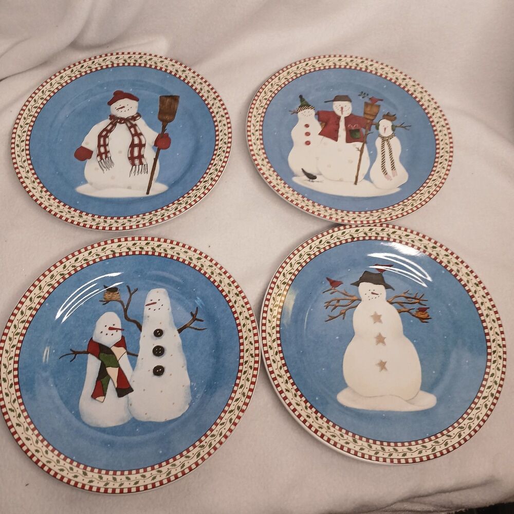 4 Salad Plates Sakura Debbie Mumm 4 Designs Snowman Vintage Stoneware 1997 - Picture 6 of 13